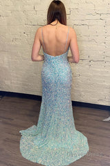 light blue sequins long prom dress with open back