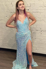 light blue sequins long prom dress with open back