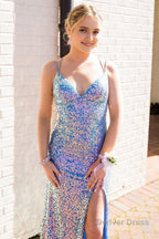 Light Blue Sequins Spaghetti Straps Mermaid Prom Dresses with Slit