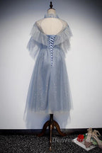 Light Blue Shiny Tulle High Neckline Homecoming Dress Prom Dresses