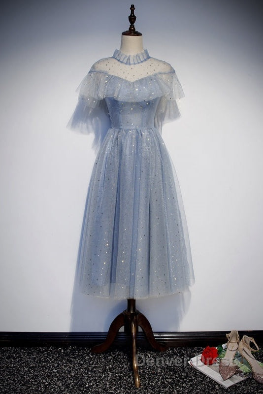 Light Blue Shiny Tulle High Neckline Homecoming Dress Prom Dress, Blue Short Prom Dresses Secondary image