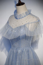 Light Blue Shiny Tulle High Neckline Homecoming Dress Prom Dress, Blue Short Prom Dresses