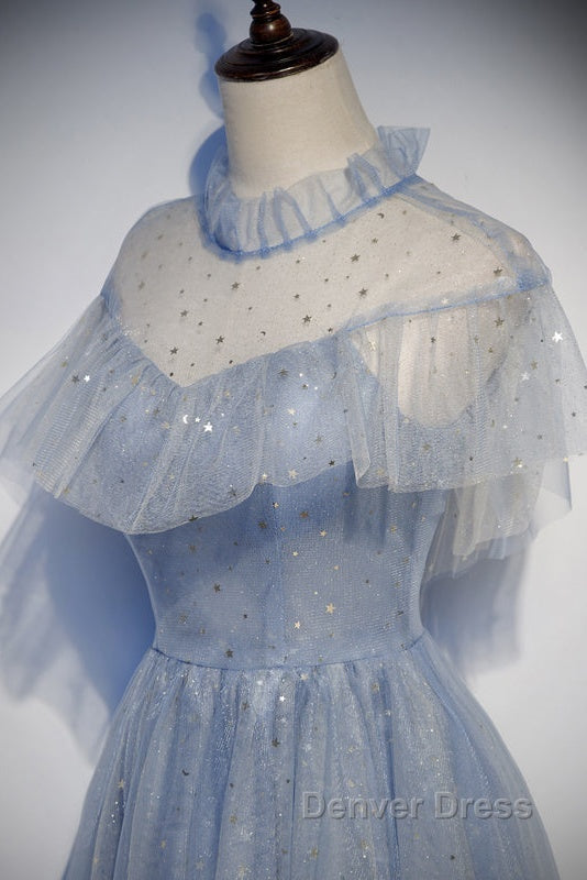 Light Blue Shiny Tulle High Neckline Homecoming Dress Prom Dress, Blue Short Prom Dresses
