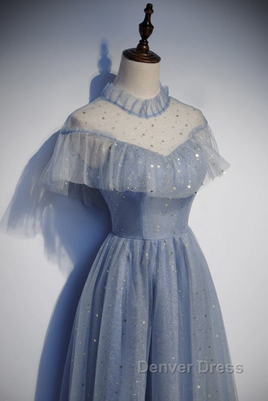 Light Blue Shiny Tulle High Neckline Homecoming Dresses Party Dresses, Blue Short Prom Dresses