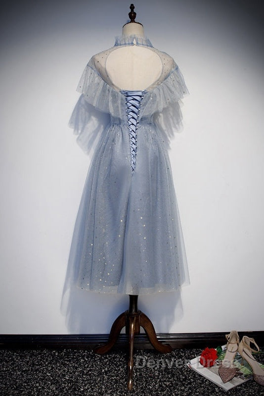 Light Blue Shiny Tulle High Neckline Homecoming Dresses Party Dresses, Blue Short Prom Dresses