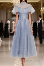Light Blue Shiny Tulle High Neckline Homecoming Dress Prom Dress, Blue Short Prom Dresses