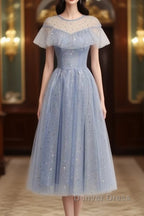 Light Blue Shiny Tulle High Neckline Homecoming Dress Prom Dresses