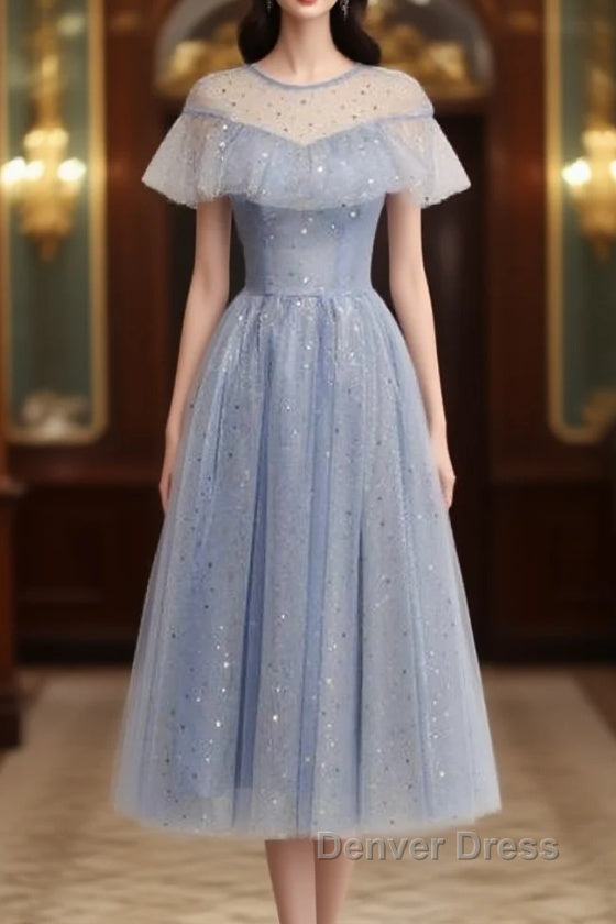 Light Blue Shiny Tulle High Neckline Homecoming Dress Prom Dresses