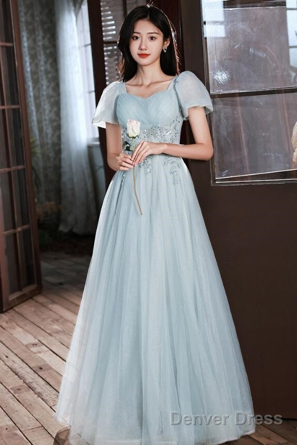 Light Blue Short Sleeves Beaded Tulle Long Party Dress, A-Line Blue Formal Dresses Secondary image