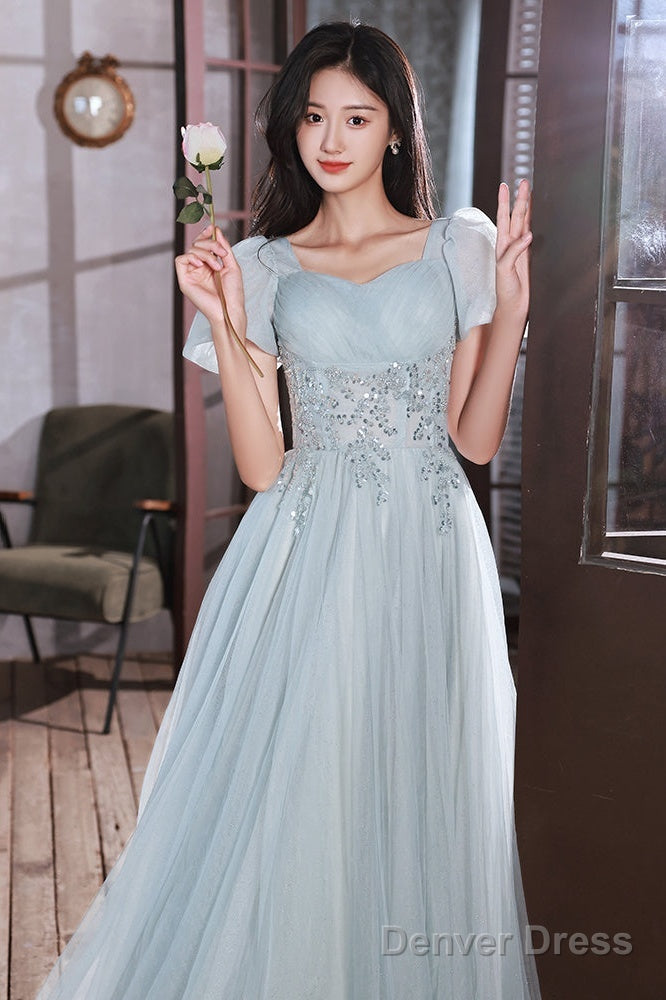 Light Blue Short Sleeves Beaded Tulle Long Prom Dress, A-Line Blue Prom Dresses