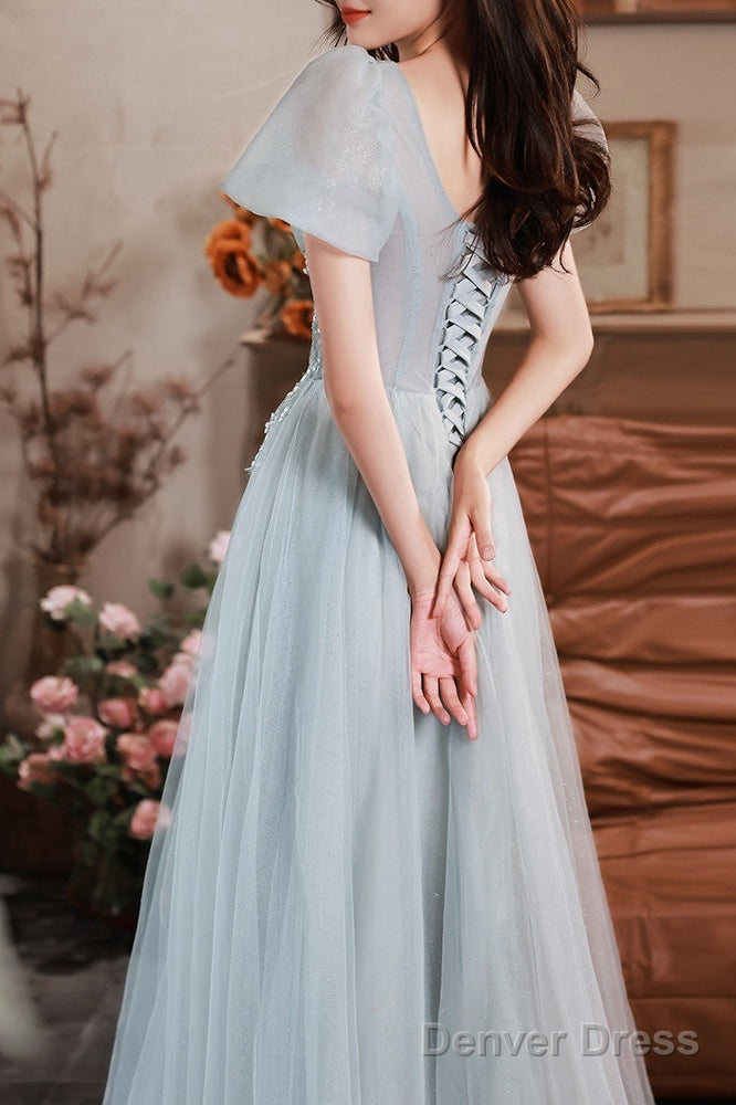 Light Blue Short Sleeves Beaded Tulle Long Prom Dress, A-Line Blue Prom Dresses