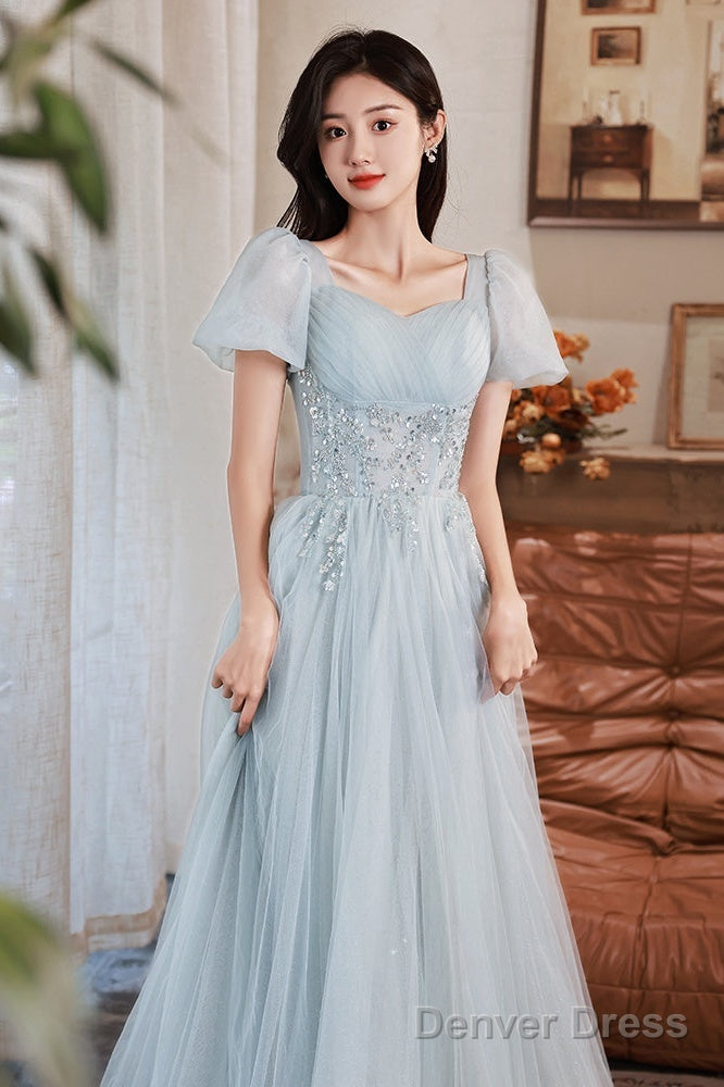Light Blue Short Sleeves Beaded Tulle Long Prom Dress, A-Line Blue Prom Dresses