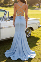 Light Blue Sparkly Mermaid Prom Dresses with Slit