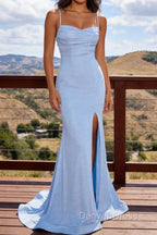 Light Blue Sparkly Mermaid Prom Dresses with Slit