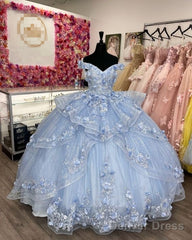 Light Blue Sparkly Off The Shoulder Appliques Prom Dress Quincea?Era Dress Sweet 16 Prom Dress Ball Gown