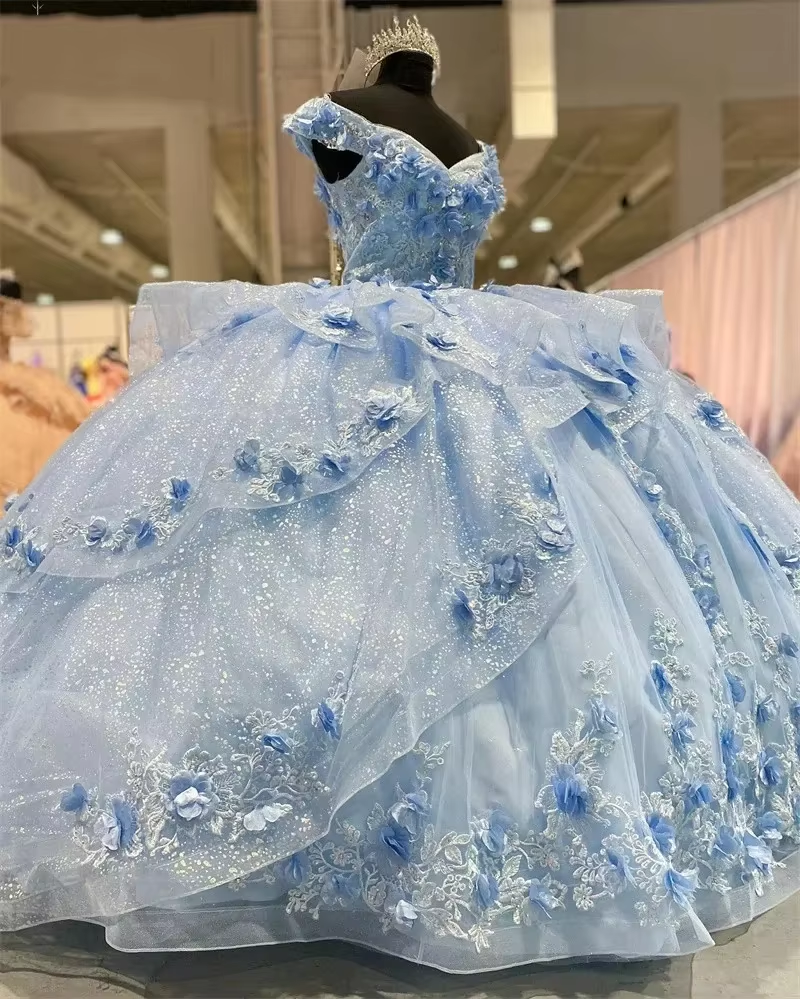 Light Blue Sparkly Off The Shoulder Appliques Prom Dress Quinceanera Dress Sweet 16 Prom Dresses Ball Gowns Secondary image