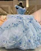 Light Blue Sparkly Off The Shoulder Appliques Prom Dress Quinceanera Dress Sweet 16 Prom Dresses Ball Gowns