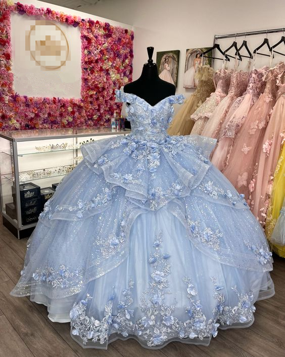 Light Blue Sparkly Off The Shoulder Appliques Prom Dress Quinceanera Dress Sweet 16 Prom Dresses Ball Gowns Main image