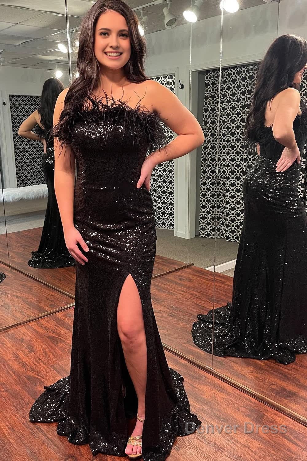 Light Blue Sparkly Sequins Off the Shoulder Long Prom Dresses with Feathers