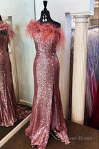 Light Blue Sparkly Sequins Off the Shoulder Long Prom Dresses with Feathers