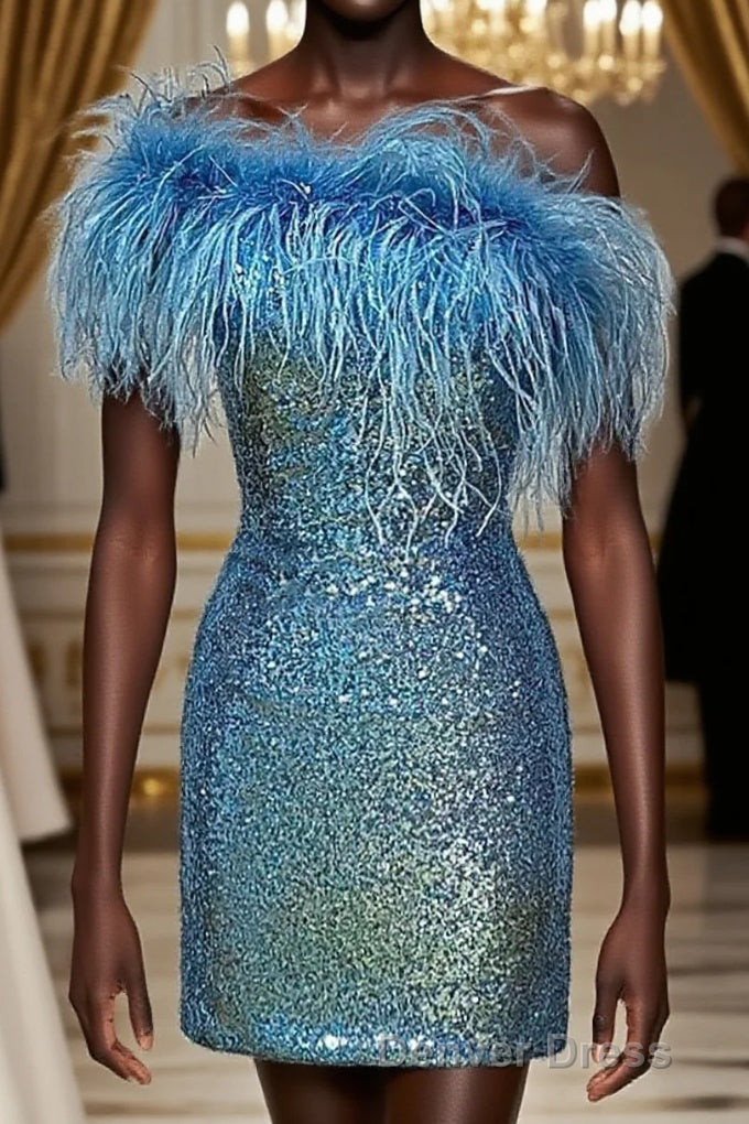 Light Blue Sparkly Tight Sequins Homecoming Dresses with Feathers