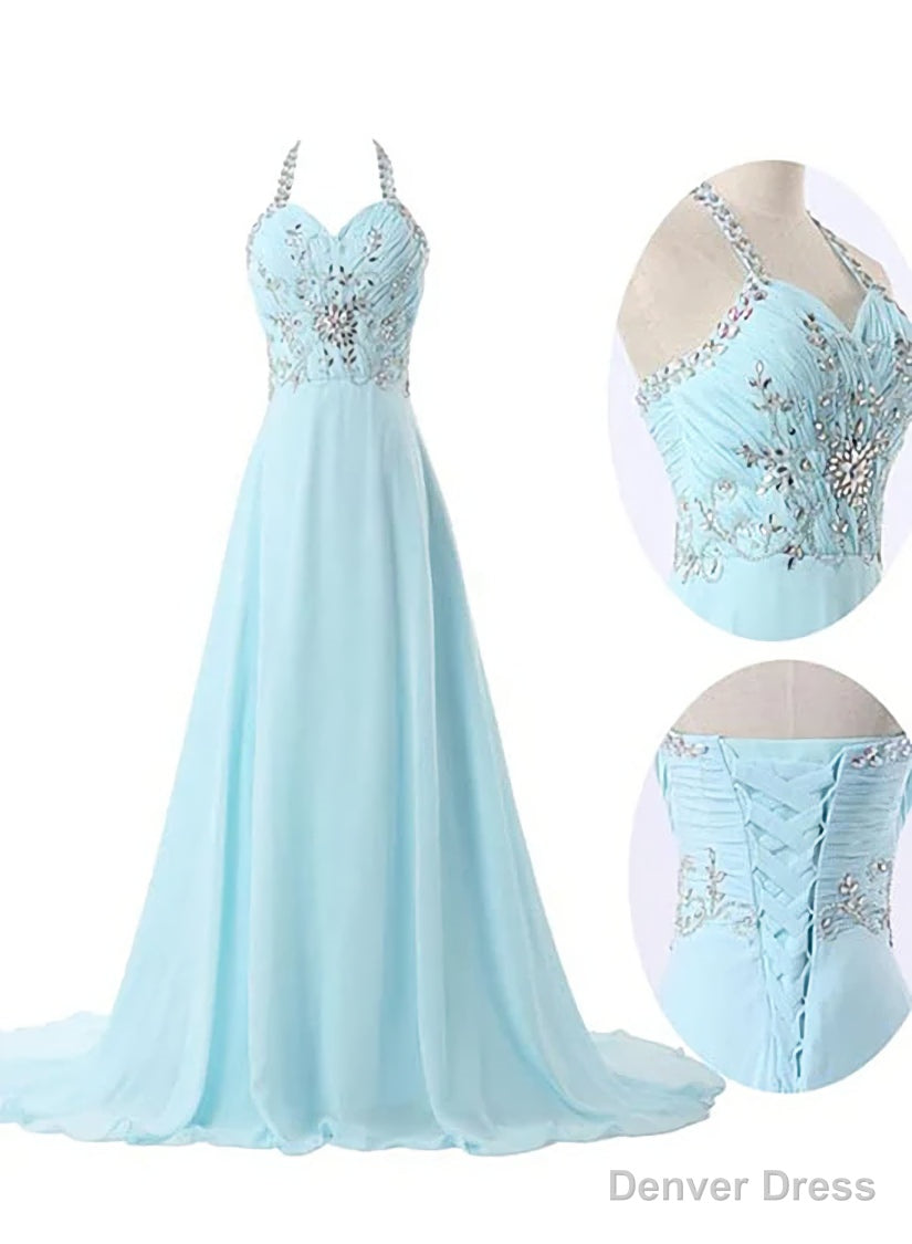 Light Blue Straps Chiffon Beaded Long Prom Dresses, Charming Prom Gown