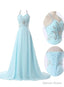 Light Blue Straps Chiffon Beaded Long Prom Dresses, Charming Prom Gown