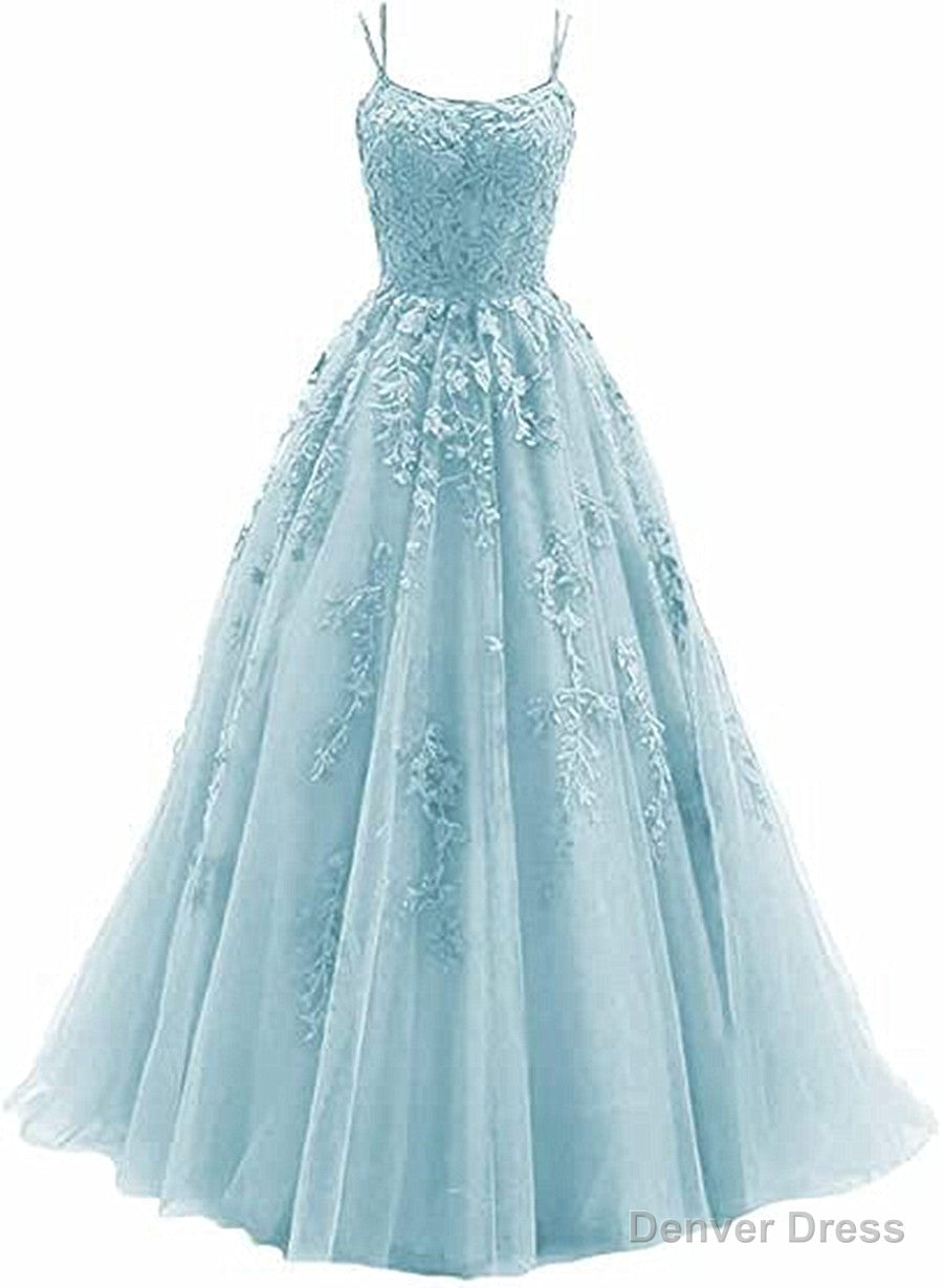 Light Blue Straps Cross Back Tulle with Lace Applique Prom Dress, Blue Prom Dresses
