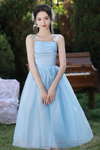 Light Blue Straps Organza Short Prom Dress, Light Blue Homecoming Dresses