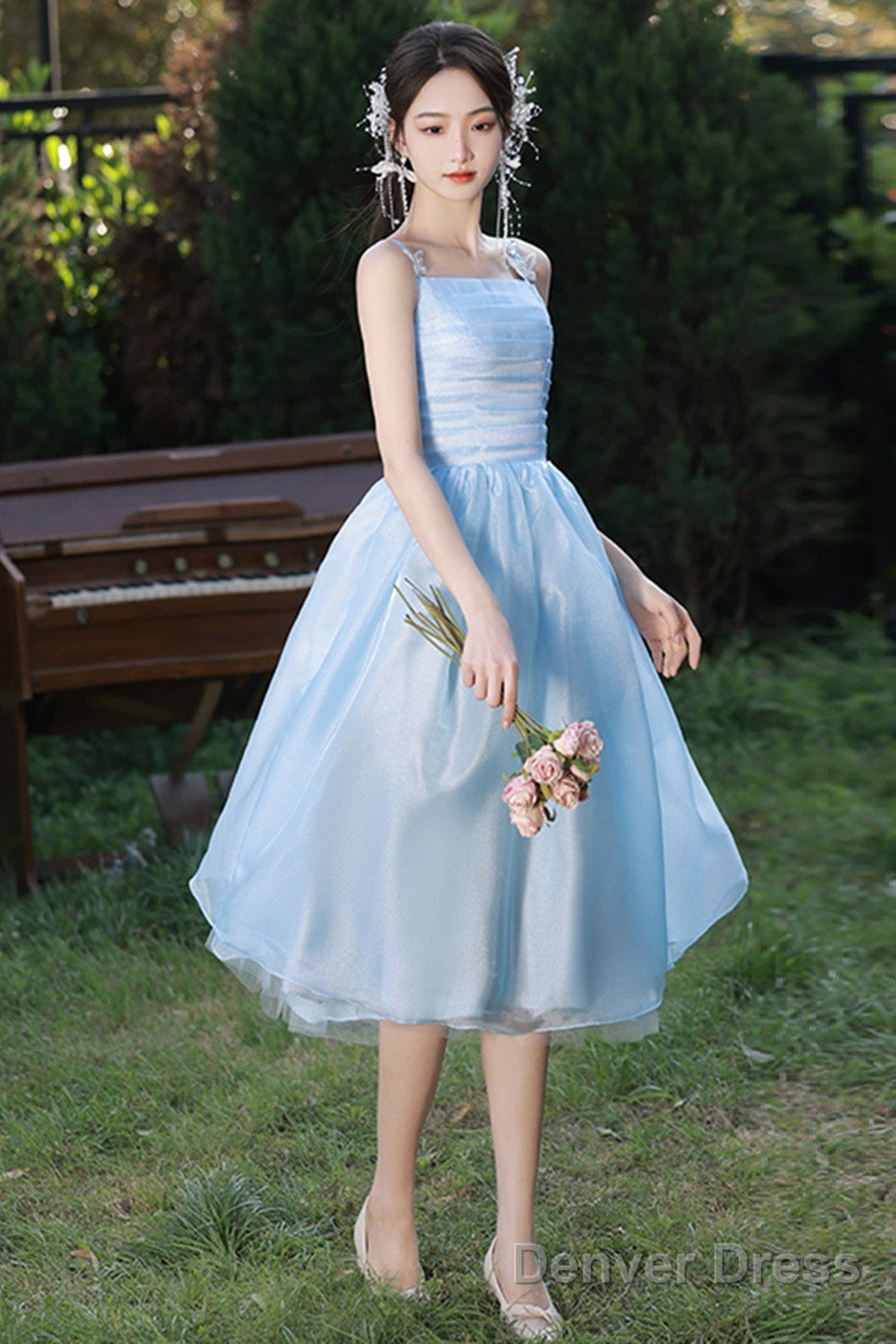 Light Blue Straps Organza Short Prom Dress, Light Blue Homecoming Dresses