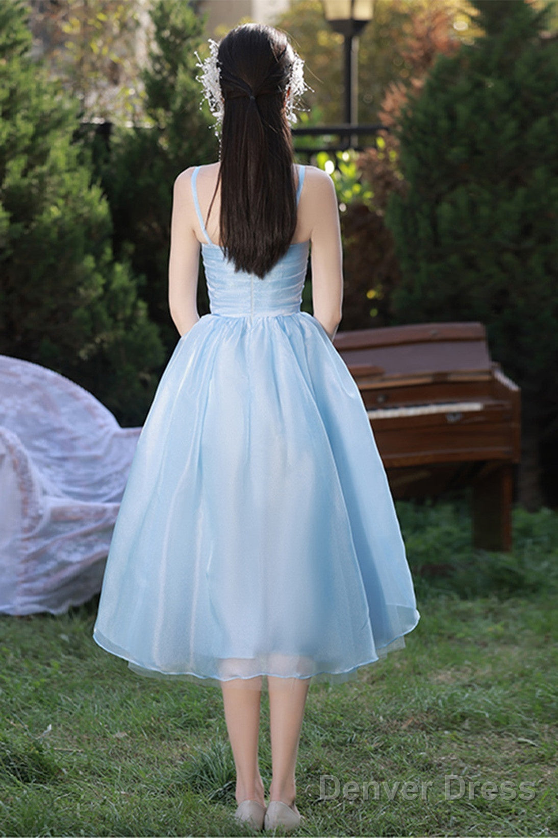 Light Blue Straps Organza Short Prom Dress, Light Blue Homecoming Dresses