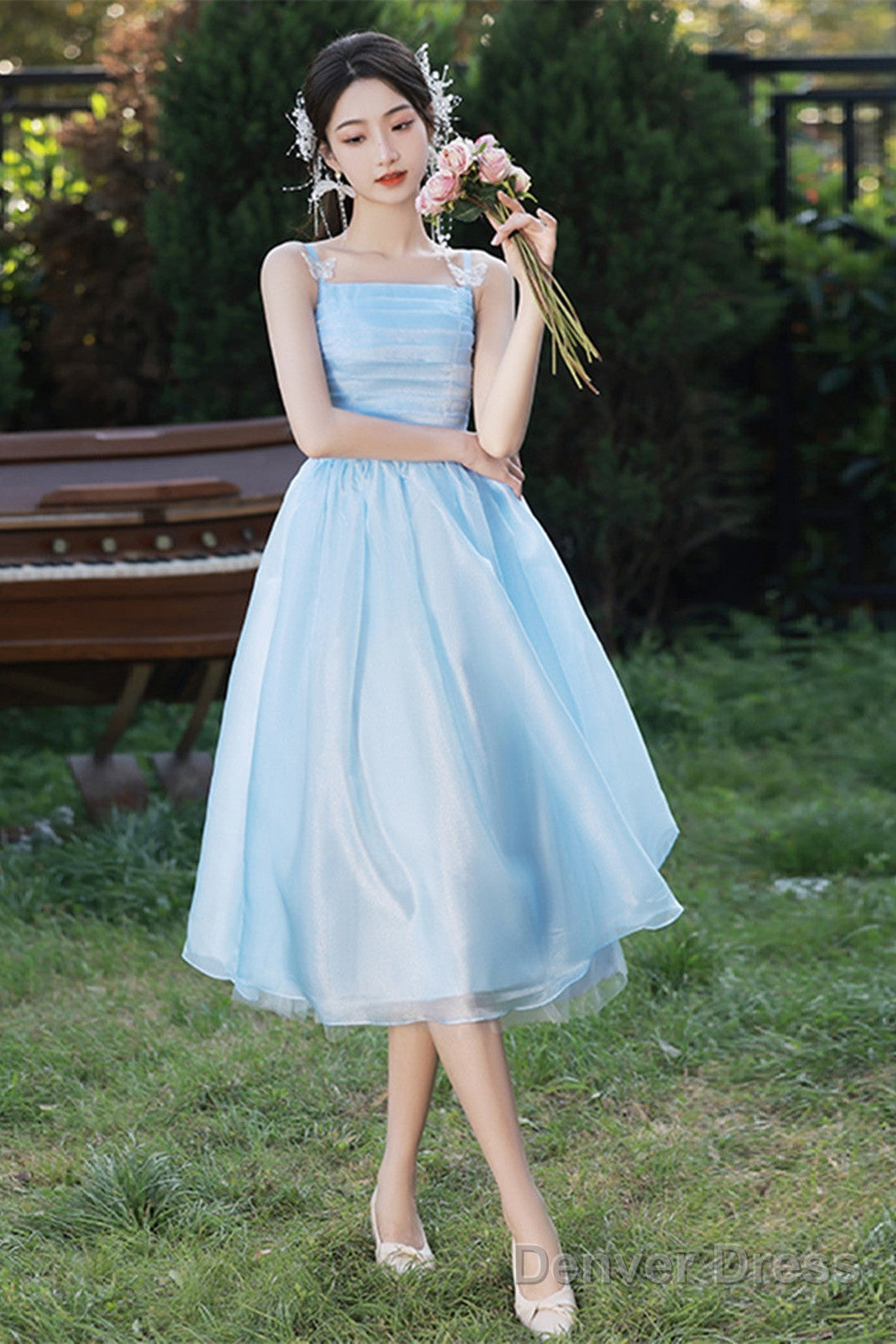 Light Blue Straps Organza Short Prom Dress, Light Blue Homecoming Dresses Main image