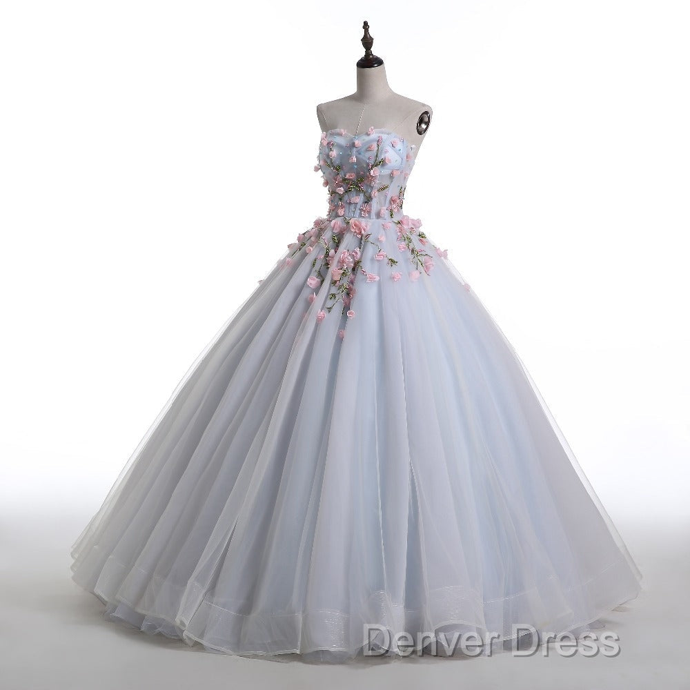 Light Blue Sweethart Flowers Ball Gowns Prom Dress, Blue Sweet 16 Dresses Secondary image
