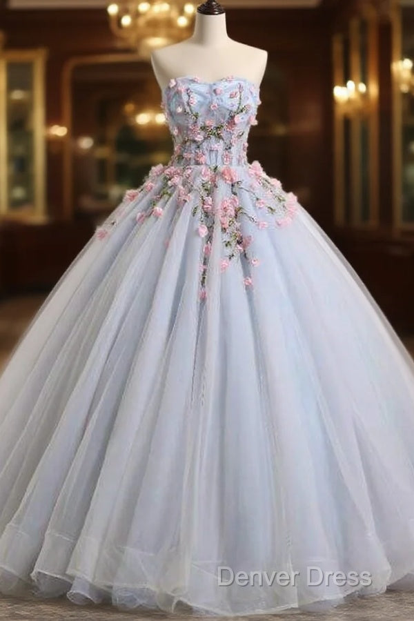 Light Blue Sweethart Flowers Ball Gowns Prom Dress, Blue Sweet 16 Dresses Main image