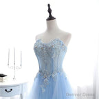 Light Blue Sweetheart Prom Dress, Long Tulle Prom Dresses