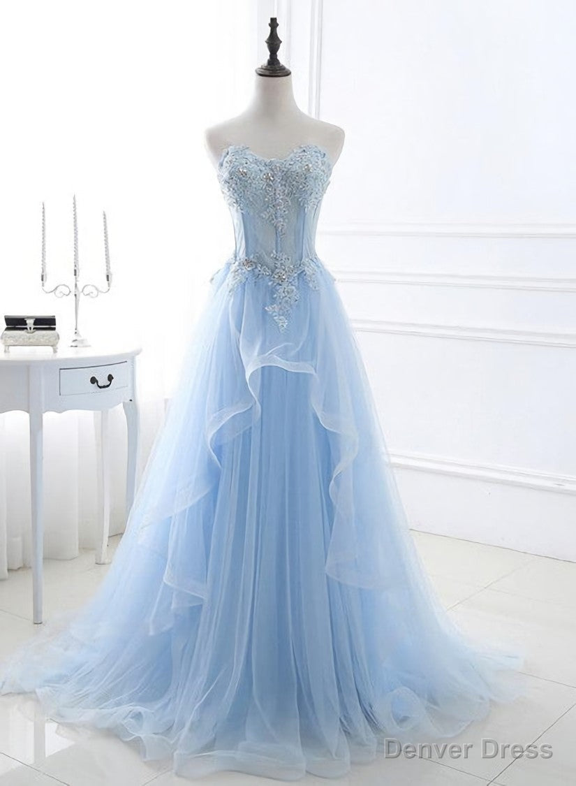 Light Blue Sweetheart Prom Dress, Long Tulle Prom Dresses