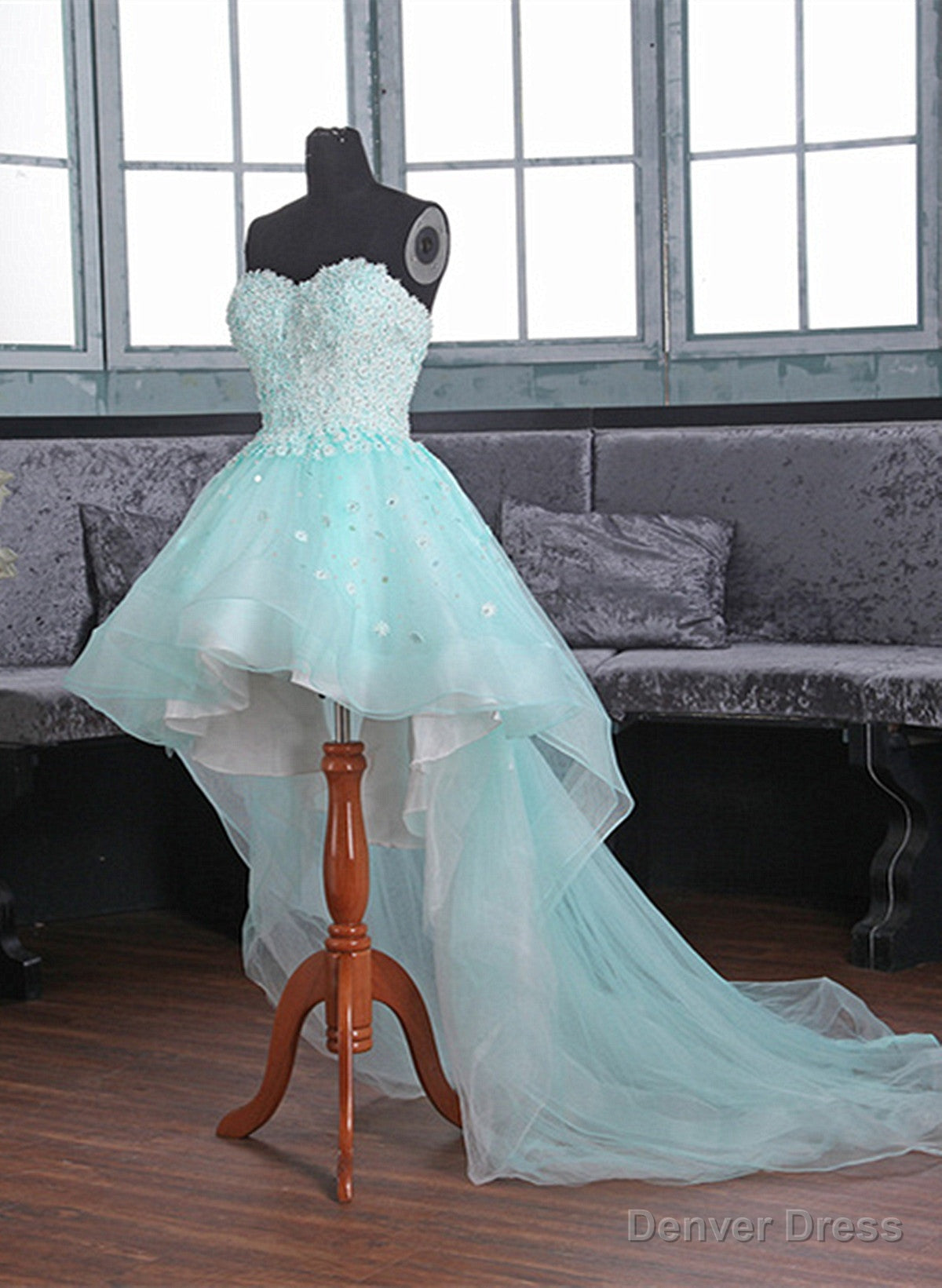 Light Blue Sweetheart Lace Applique High Low Prom Dress, Blue Homecoming Dresses Main image