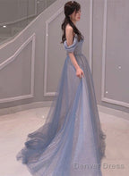 Light Blue Sweetheart Off Shoulder A-Line Long Prom Dress, Blue Beaded Evening Dress