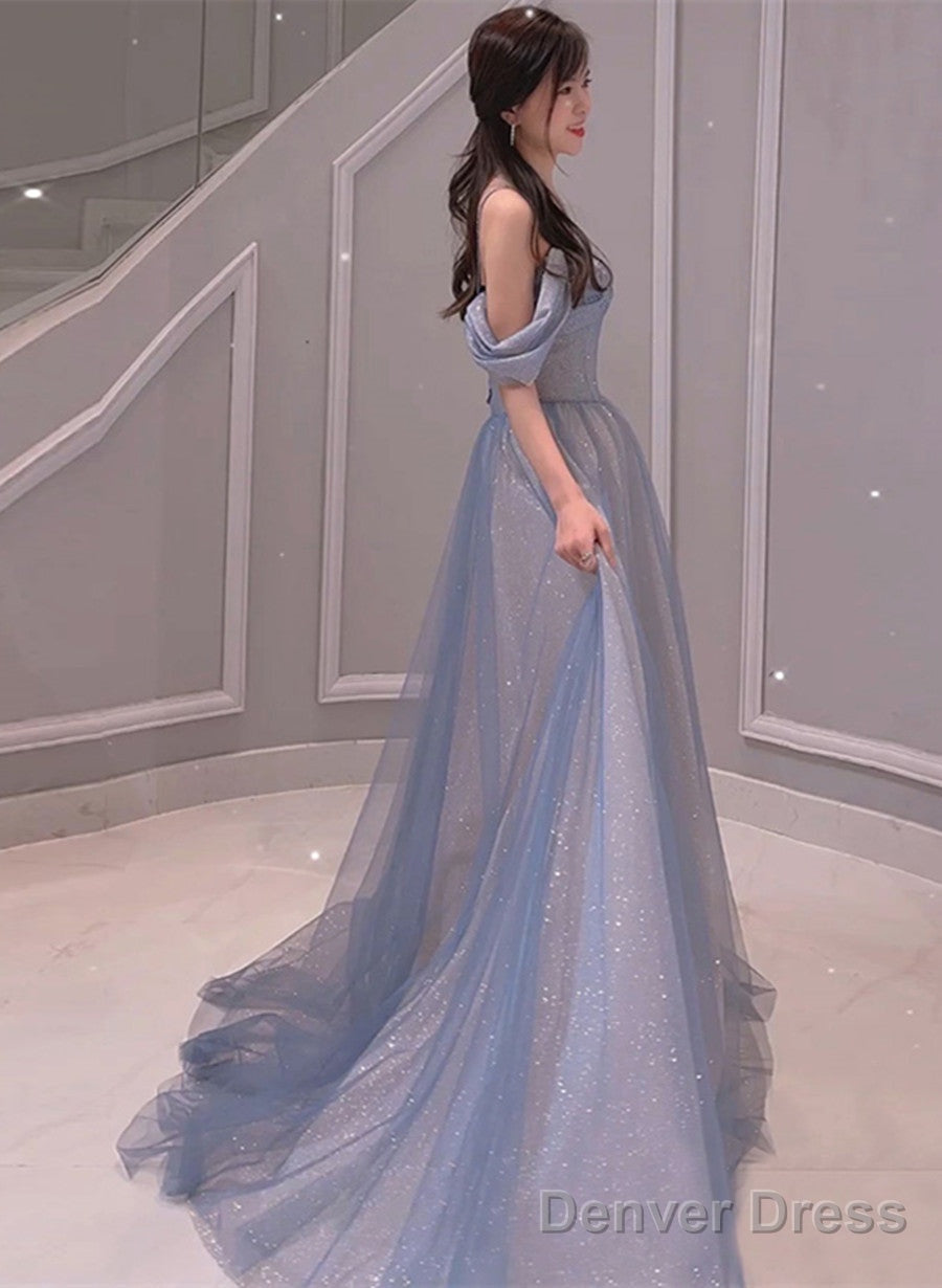 Light Blue Sweetheart Off Shoulder A-Line Long Prom Dress, Blue Beaded Evening Dress