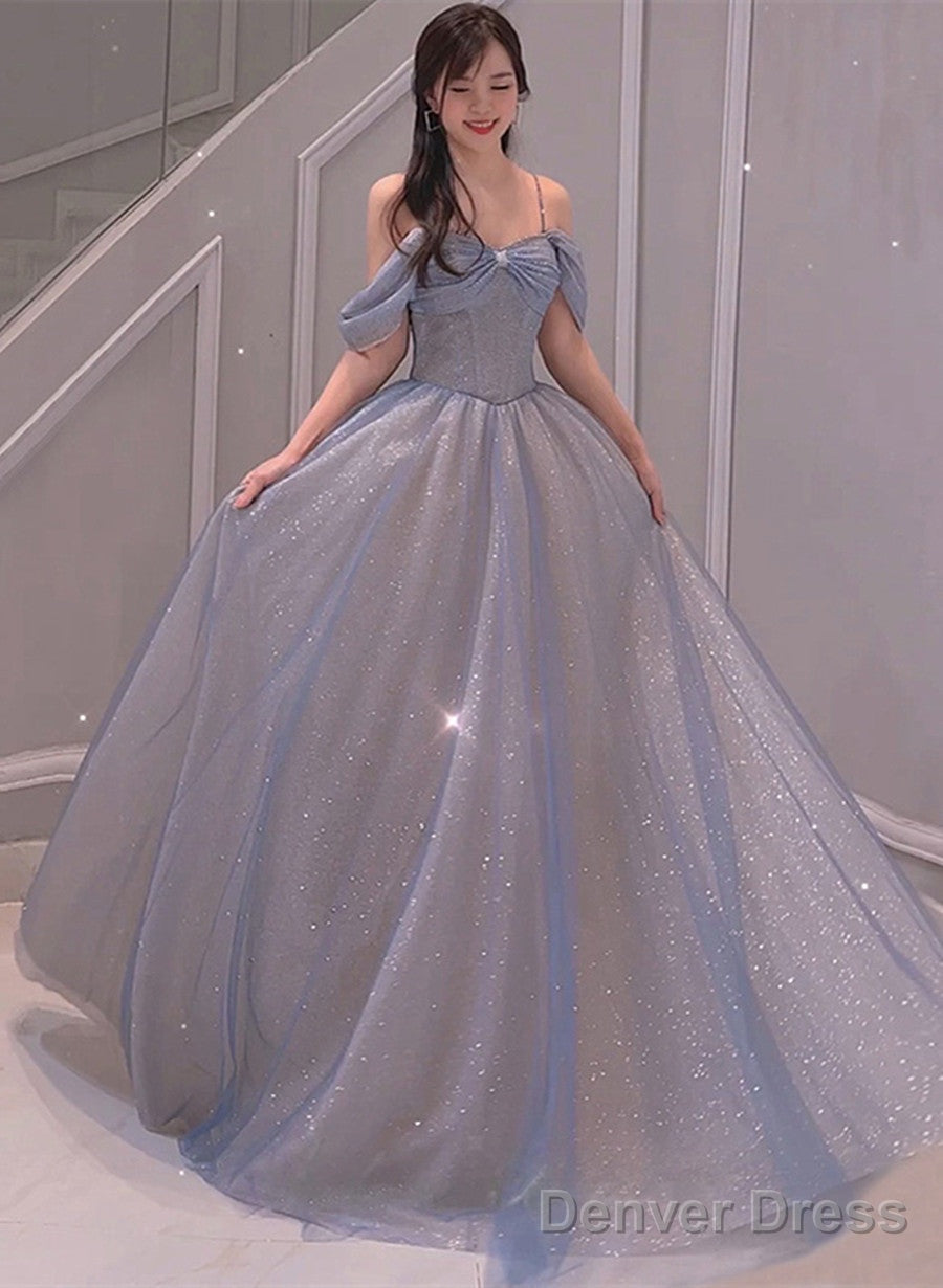 Light Blue Sweetheart Off Shoulder A-Line Long Prom Dress, Blue Beaded Evening Dress Main image