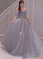 Light Blue Sweetheart Off Shoulder A-Line Long Prom Dress, Blue Beaded Evening Dress