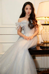 Light Blue Sweetheart Pearls Off Shoulder Long Party Dress, A-Line Blue Formal Dress