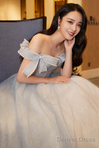 Light Blue Sweetheart Pearls Off Shoulder Long Prom Dress, A Line Blue Prom Dresses