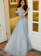Light Blue Sweetheart Pearls Off Shoulder Long Party Dress, A-Line Blue Formal Dress