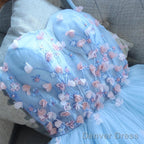 Light Blue Sweetheart Short Handmade Prom Dress, Blue Flowers Homecoming Dresses