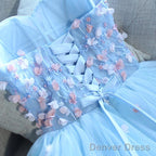 Light Blue Sweetheart Short Handmade Prom Dress, Blue Flowers Homecoming Dresses