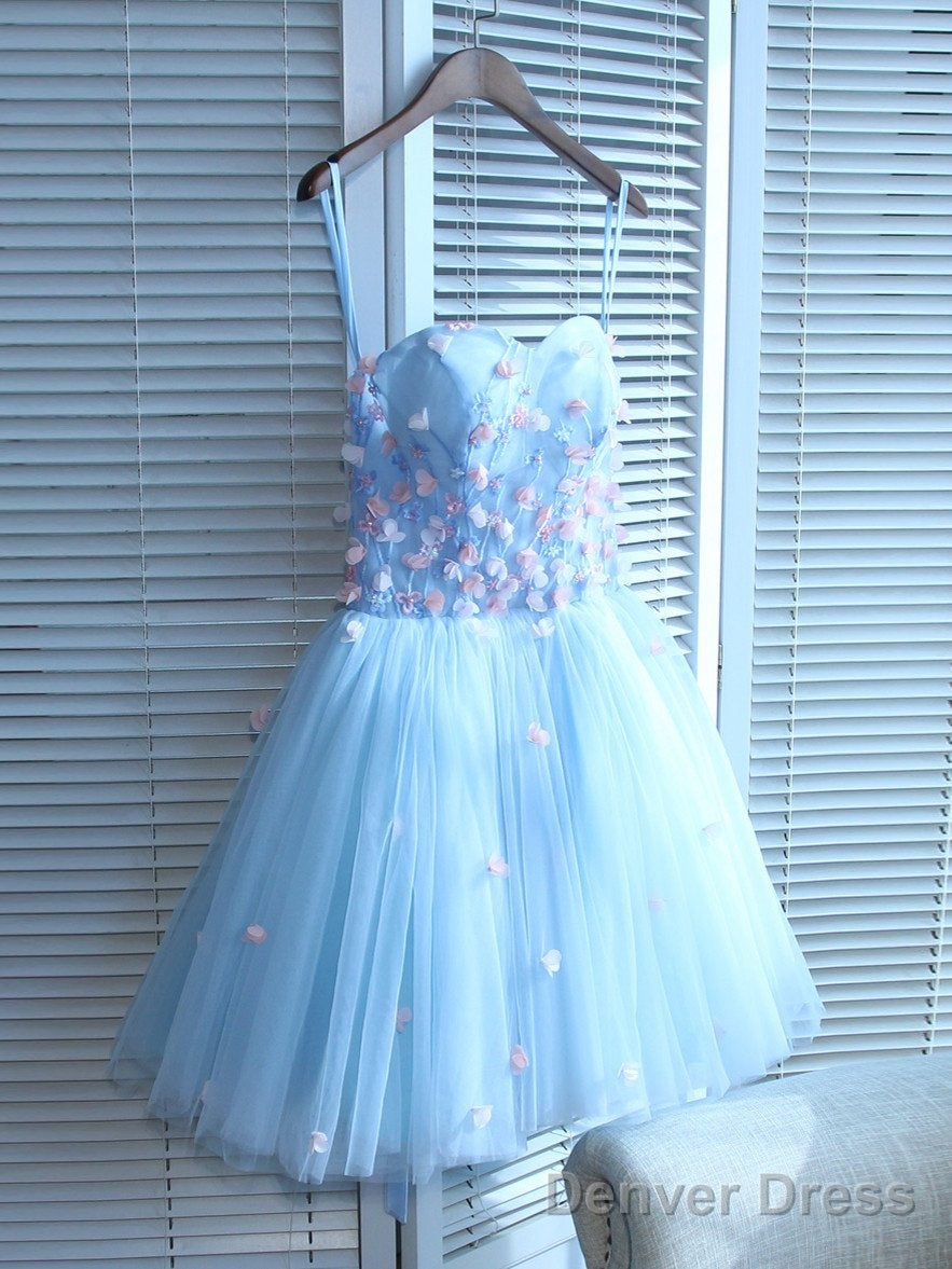 Light Blue Sweetheart Short Handmade Prom Dress, Blue Flowers Homecoming Dresses