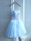Light Blue Sweetheart Short Handmade Prom Dress, Blue Flowers Homecoming Dresses