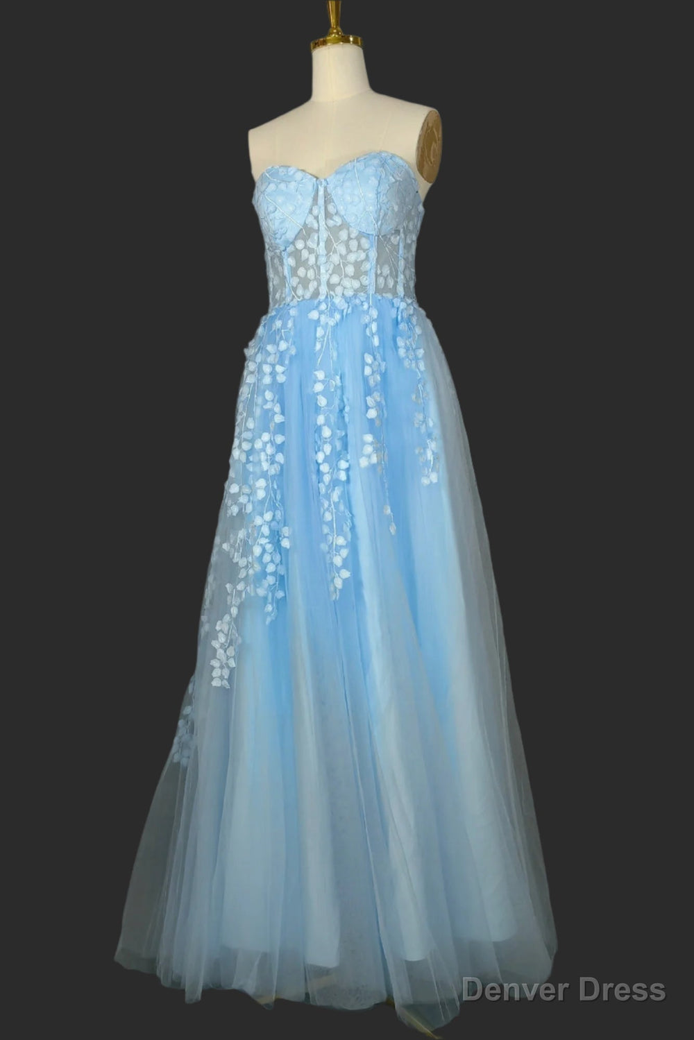Light Blue Sweetheart Tulle Lace Prom Dresses Long Evening Party Dress