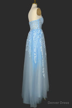 Light Blue Sweetheart Tulle Lace Prom Dress Long Prom Dresses